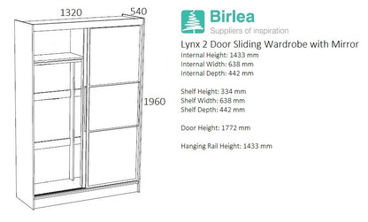 Lynx Black 2 Door Sliding Mirrored Wardrobe