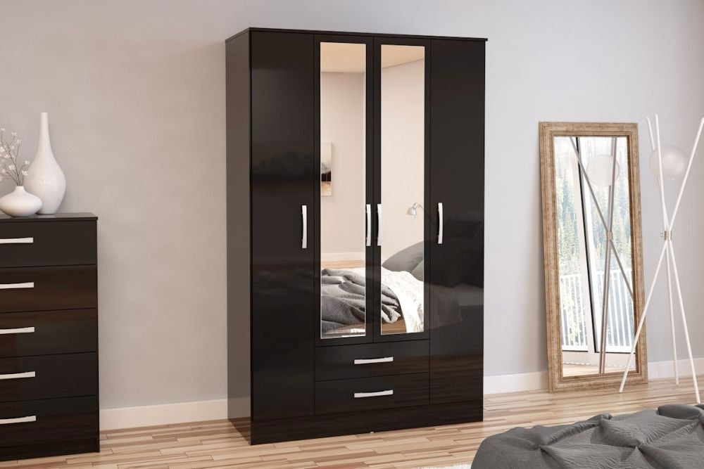 Lynx Black 4 Door Mirrored Wardrobe - 2 Drawers