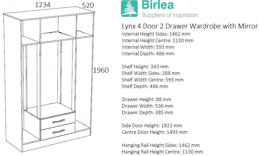 Lynx Black 4 Door Mirrored Wardrobe - 2 Drawers