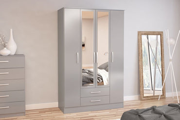 Lynx Grey 4 Door Mirrored Wardrobe - 2 Drawers