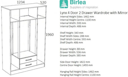 Lynx Grey 4 Door Mirrored Wardrobe - 2 Drawers