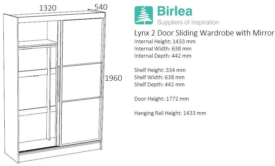 Lynx White 2 Door Sliding Mirrored Wardrobe