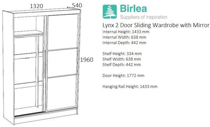 Lynx White 2 Door Sliding Mirrored Wardrobe