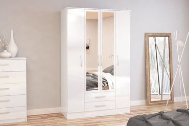 Lynx White 4 Door Mirrored Wardrobe - 2 Drawers