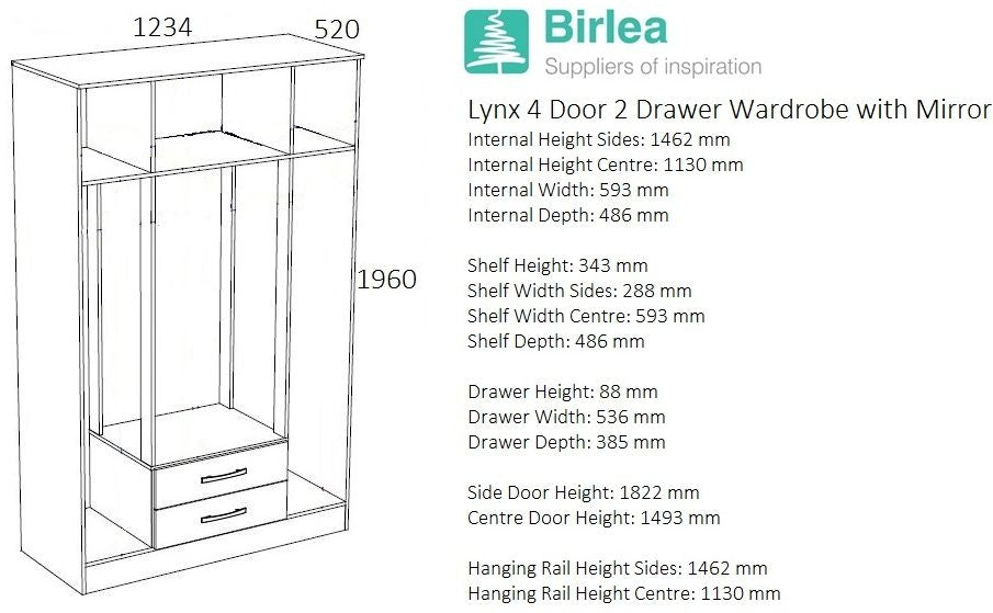 Lynx White 4 Door Mirrored Wardrobe - 2 Drawers