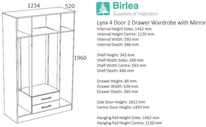 Lynx White 4 Door Mirrored Wardrobe - 2 Drawers