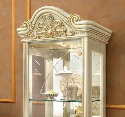 Camel Leonardo Day Ivory High Gloss and Gold Italian 1 Glass Door China Cabinet with LED