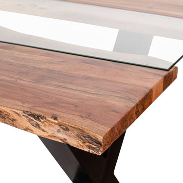 Live Edge Glass Inlay 6 Seater Dining Table - Acacia Wood and Metal