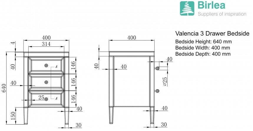 Valencia Mirrored 3 Drawer Bedside Cabinet