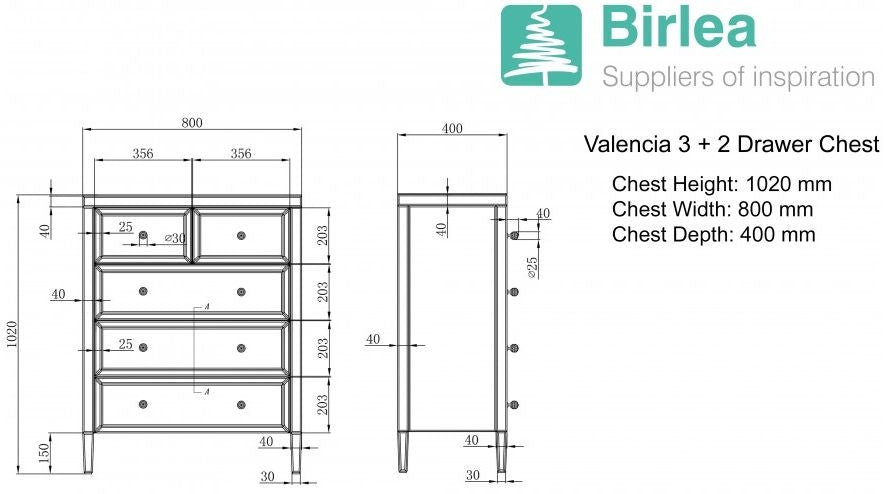 Valencia Mirrored 3+2 Drawer Chest