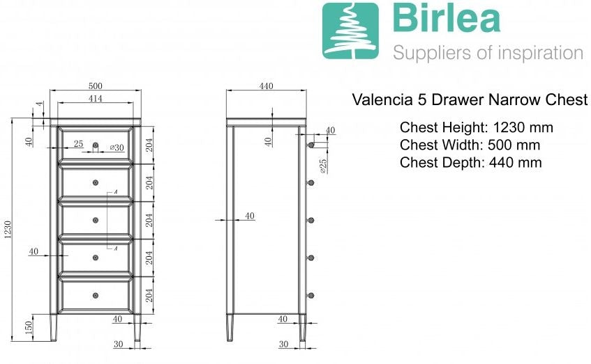 Valencia Mirrored 5 Drawer Chest