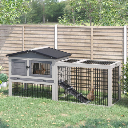 PawHut Rabbit Hutch Outdoor, Wooden Guinea Pig Hutch with Rabbit Run 2 Level Design Water Resistant Openable Roof 150 x 52.5 x 68 cm, Grey