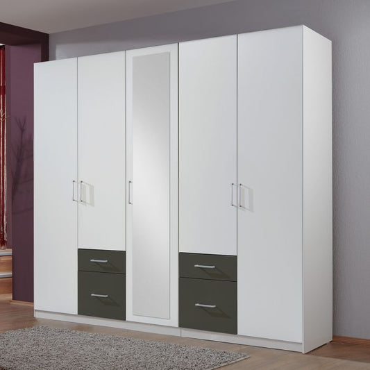 Fresco 5 Door 4 Drawer Mirrored Wardrobe | White & Graphite Finish | Furco