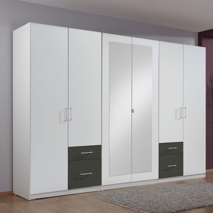 Fresco 6 Door 4 Drawer Mirrored Wardrobe | White and Graphite | Stylish Organizer | Furco