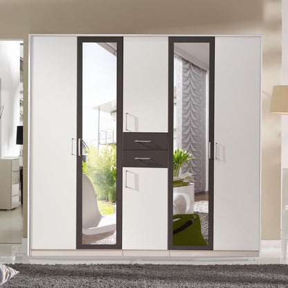 Modern 5-Door Wardrobe with Mirrored Door | White and Graphite Finish | Ample Storage by Furco