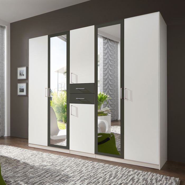 Modern 5-Door Wardrobe with Mirrored Door | White and Graphite Finish | Ample Storage by Furco