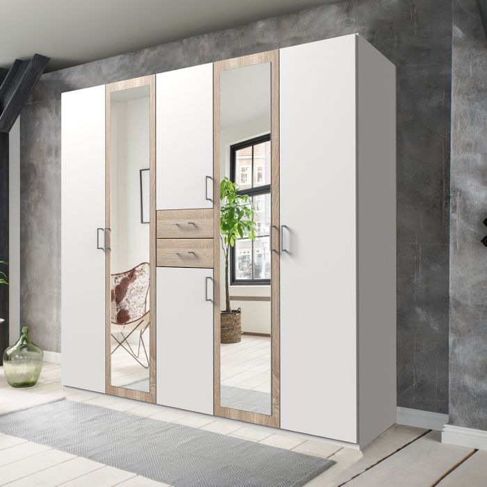 Dakar 5 Door Mirrored Wardrobe | White And Oak Elegance | Furco