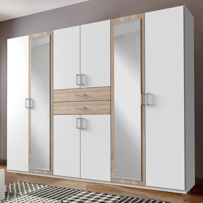 Dakar 6 Door Mirrored Wardrobe | White and Oak | Versatile Appeal | Furco