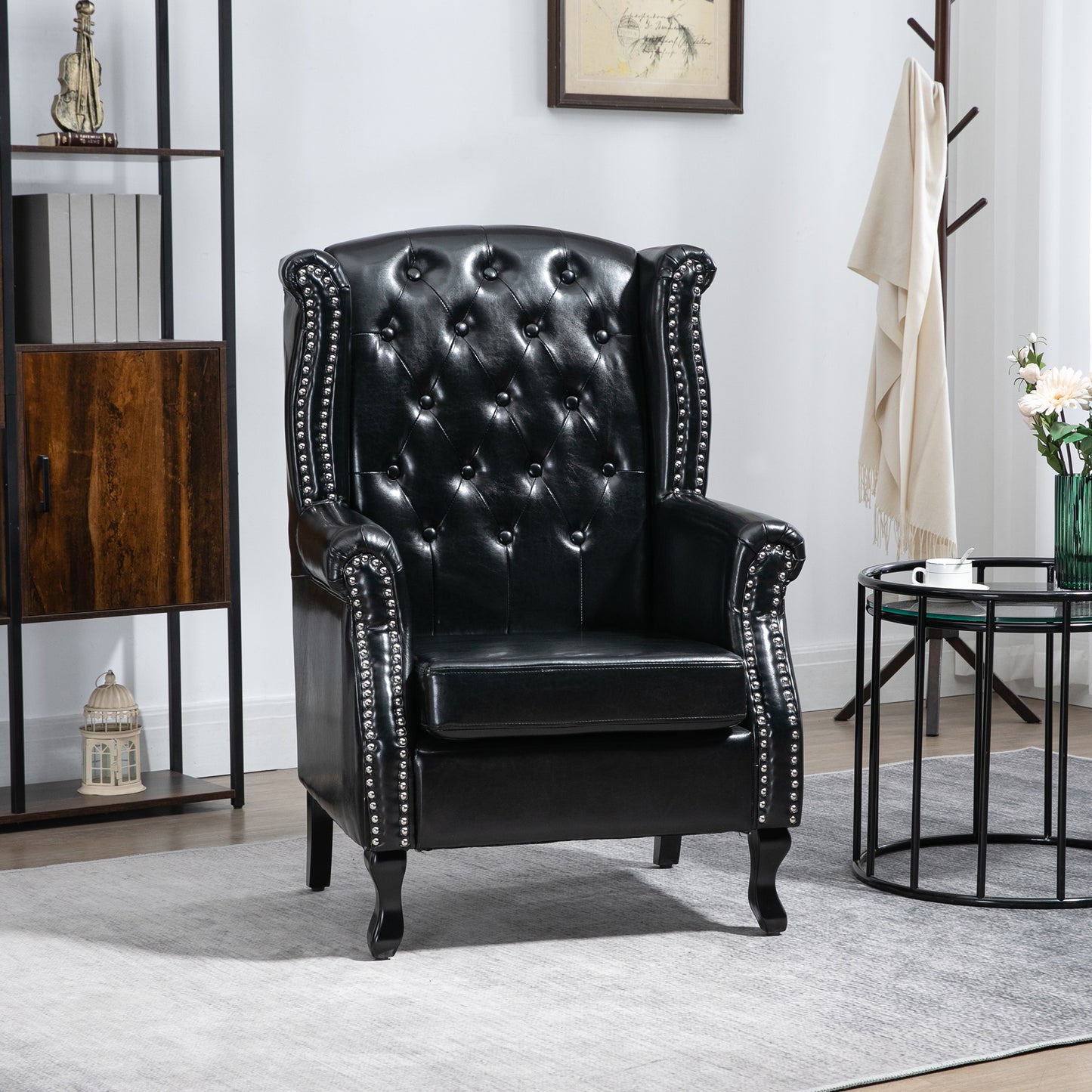 HOMCOM ingback Accent Chair Tufted Chesterfield-style Armchair with Nail Head Trim for Living Room Bedroom Black