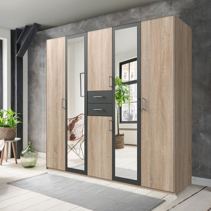 Dakar 5 Door Mirrored Wardrobe in Oak And Graphite | Bold & Stylish | Furco