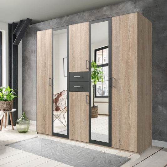 Dakar 5 Door Mirrored Wardrobe in Oak & Graphite – Functional Storage & Modern Design by Furco