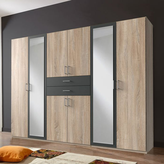 Modern 6 Door Mirrored Wardrobe in Oak and Graphite with Ample Storage Solutions