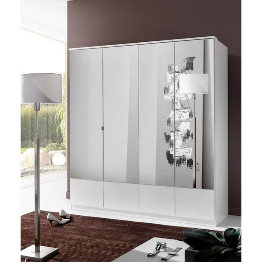 Modern White 4 Door Mirrored Wardrobe with Hanging Rail and Shelves