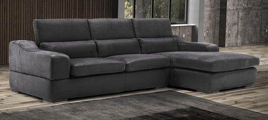 Black Suede Corner Chaise Sofa with Adjustable Headrests and Wooden Legs - 10 Year Warranty on Frame, Pocket Springs, and Foam Options Available in Various Leathers and Colors