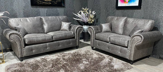 Buffalo Grey Faux Leather Sofa with Chrome Legs and Button Detail - Midas 3+2 Style