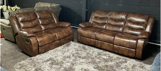 Roma Brown Tan Leathaire 3 + 2 Manual Recliners Sofa Set