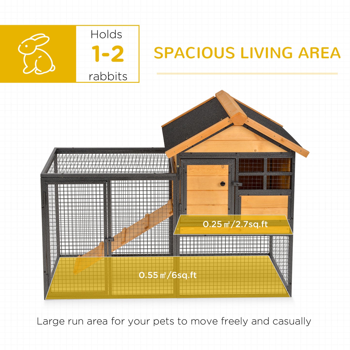 PawHut Rabbit Hutch Guinea Pig Hutch Wood-metal Elevated Guinea Pig House Pet Bunny Cage for Outdoor 122 x 63 x 92cm Light Yellow