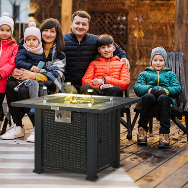 Outsunny Outdoor PE Rattan Gas Fire Pit Table, Patio Square Propane Heater with Marble Desktop, Rain Cover, Glass Windscreen, and Glass Stones, 50,000 BTU, Black