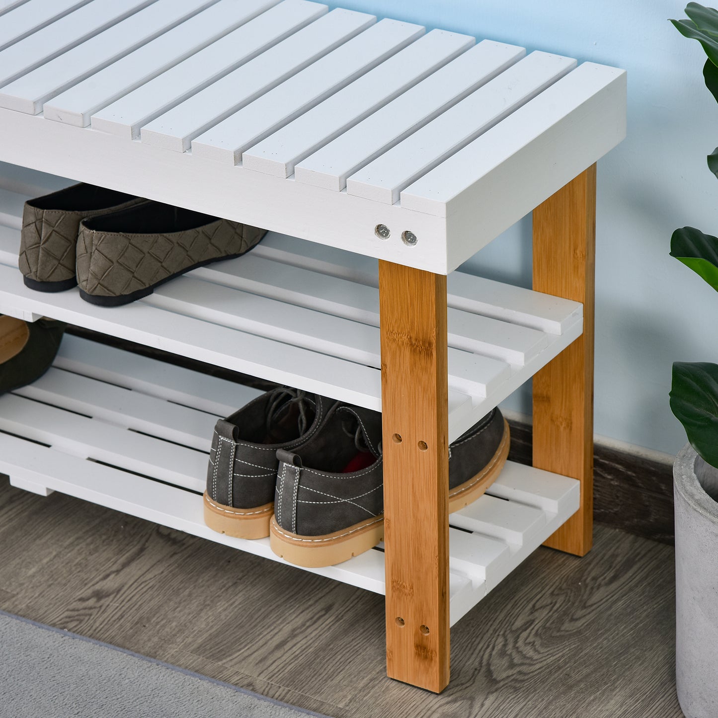 HOMCOM ooden Shoe Bench, with Hidden Storage & Shelves - White & Natural