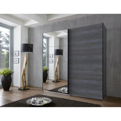 225cm Graphite Sliding Mirrored Wardrobe with Spacious Storage and Modern Design