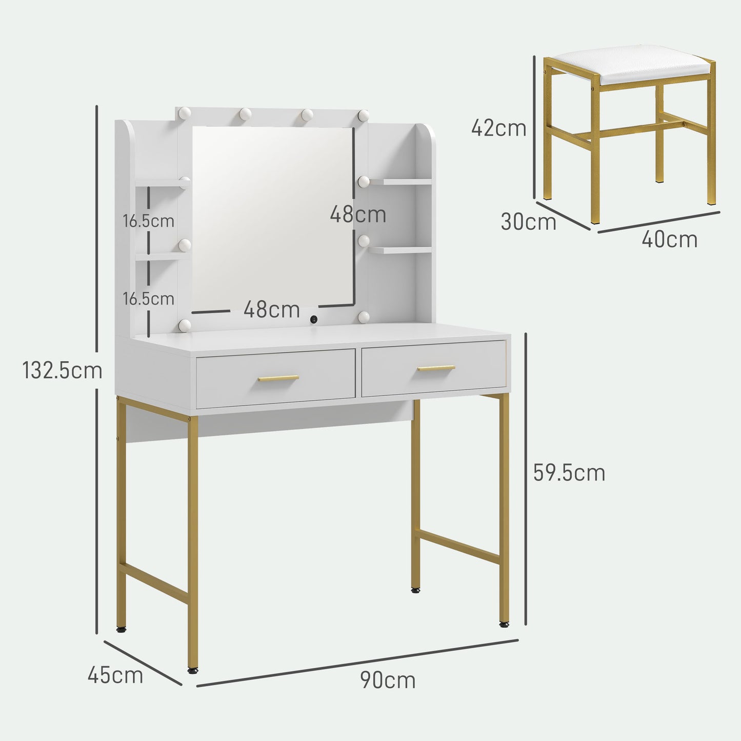 HOMCOM ressing Table with Lighted Mirror, Cushioned Stool, Drawers, Shelves, LED Makeup Vanity Desk Set, Modern Dresser Vanity Table for Bedroom, White