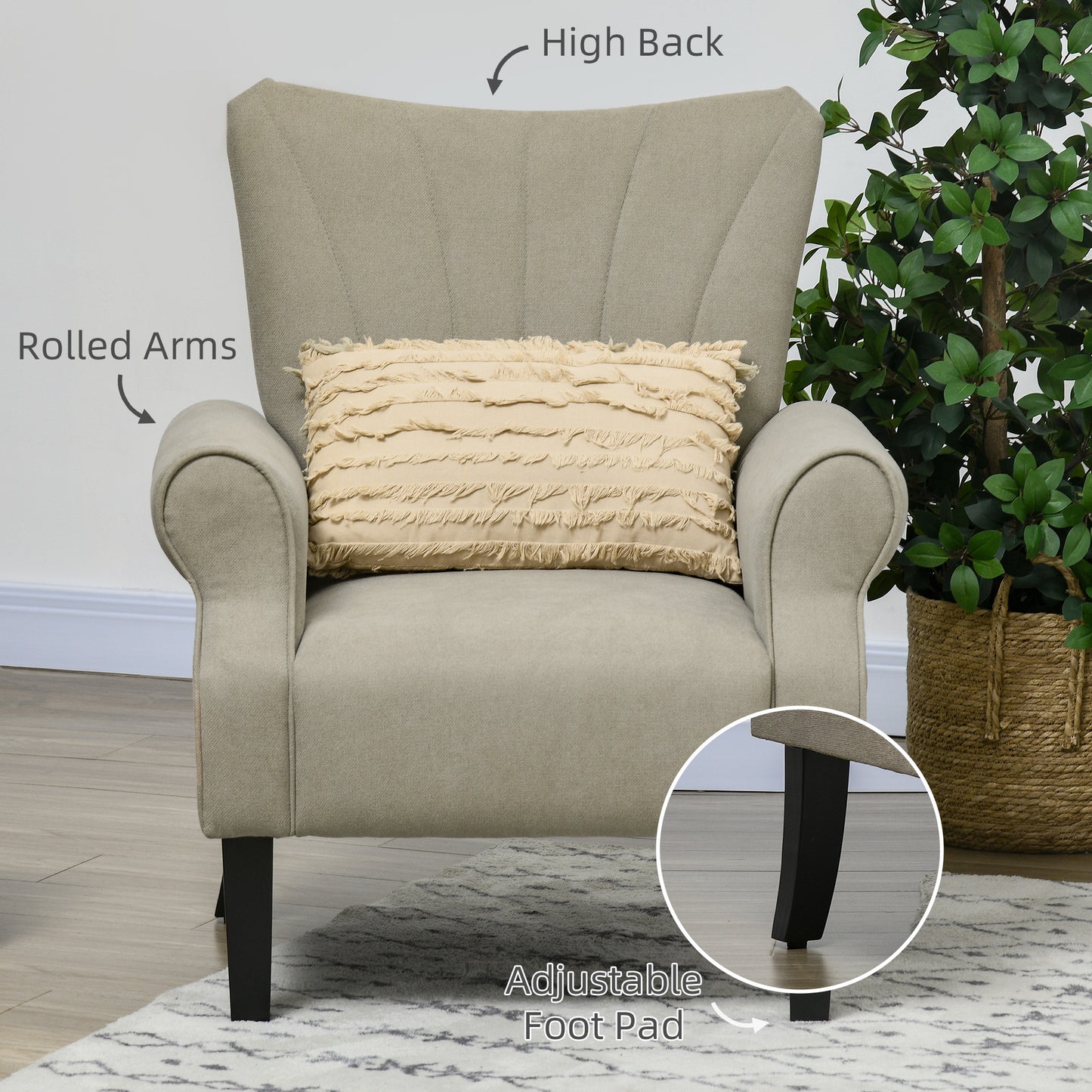 HOMCOM pholstered Accent Chair with High Back, Rolled Arms and Wood Legs, Soft Thick Padded Armchair, Beige