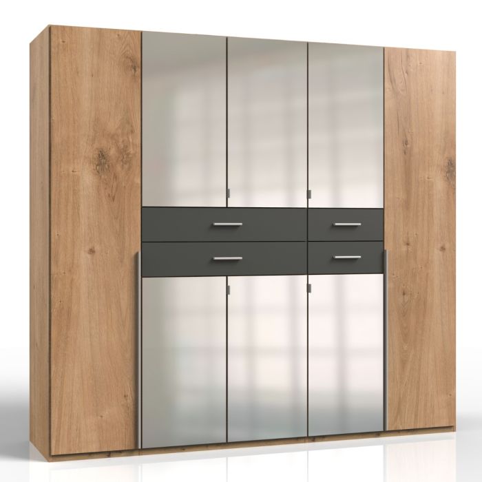 Denver 5 Door Wardrobe | Mirrored with Drawers | Planked Oak & Graphite | Furco