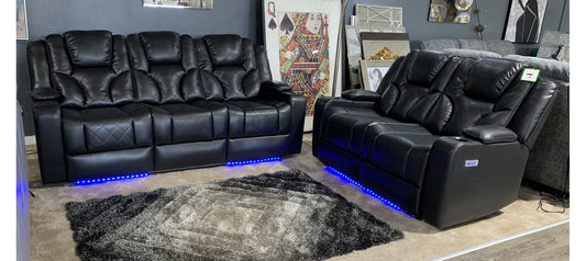 Lorenzo Black Electric Recliner Sofa Set with USB Ports, Drink Holders, Reading Lights, and Under Foot Lighting