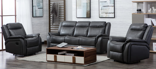 New Hampshire Grey Leathaire 3-Seater Sofa with 2 Manual Recliner Chairs - Durable and Breathable Design