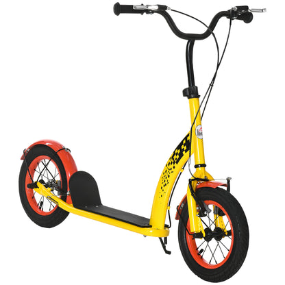 HOMCOM ids Kick Scooter, w/ Adjustable Height, Front Rear Dual Brakes, 12 Inch Inflatable Rubber Wheels, for Ages 5+ Years - Yellow