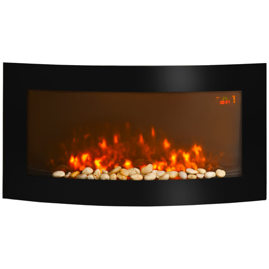 HOMCOM ed Wall Mounted Fireplace Curved Glass Electric Fire Place Fire Place 7 Colour Side Lights Slimline, 1000/2000W, 89.2cm x 48cm