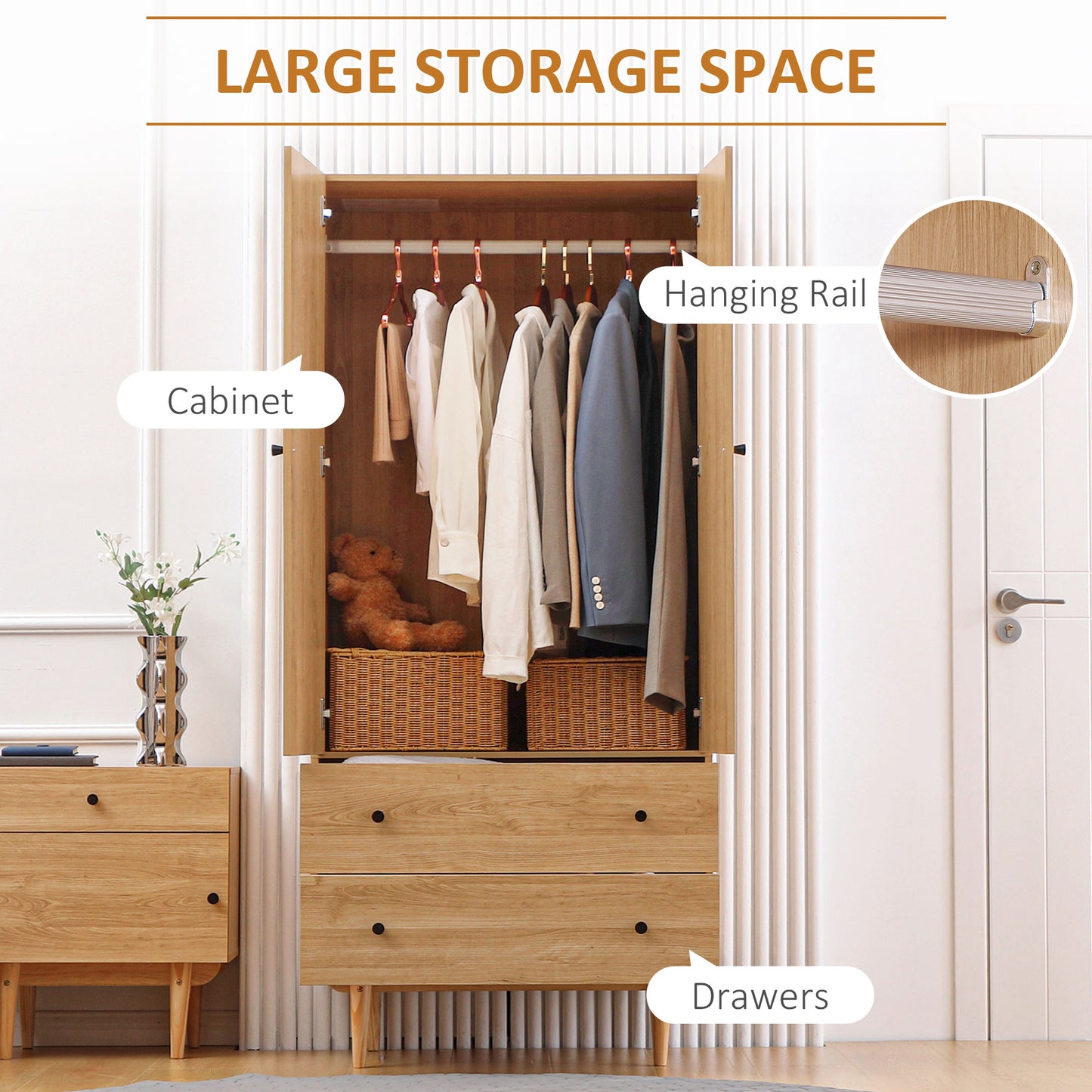 HOMCOM ardrobe with 2 Doors, 2 Drawers, Hanging Rail for Bedroom Clothes Storage Organiser, 80x52x180cm, Natural Tone