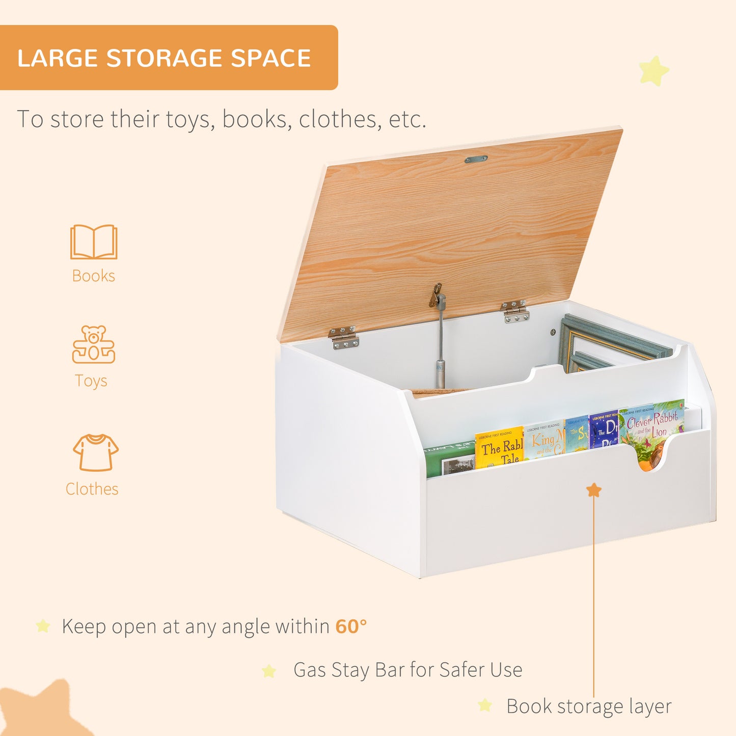 HOMCOM ooden Kids Toy Box Children Storage Chest Organiser Book Slot Safety Hinge Playroom Furniture White