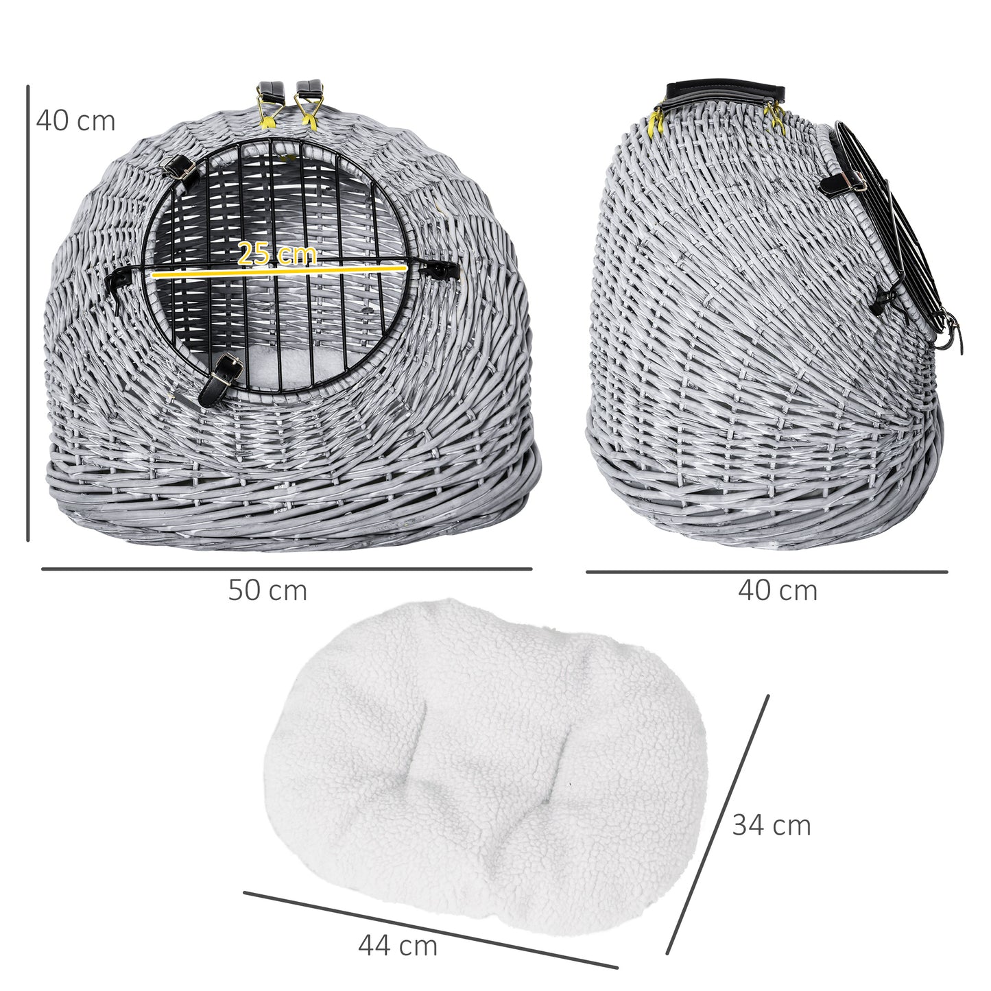 PawHut Wicker Pet Carrier Basket Cat Kitten Bed Portable Travel Cage w/ Soft Cushion Handle Grey 50 x 40 x 40 cm