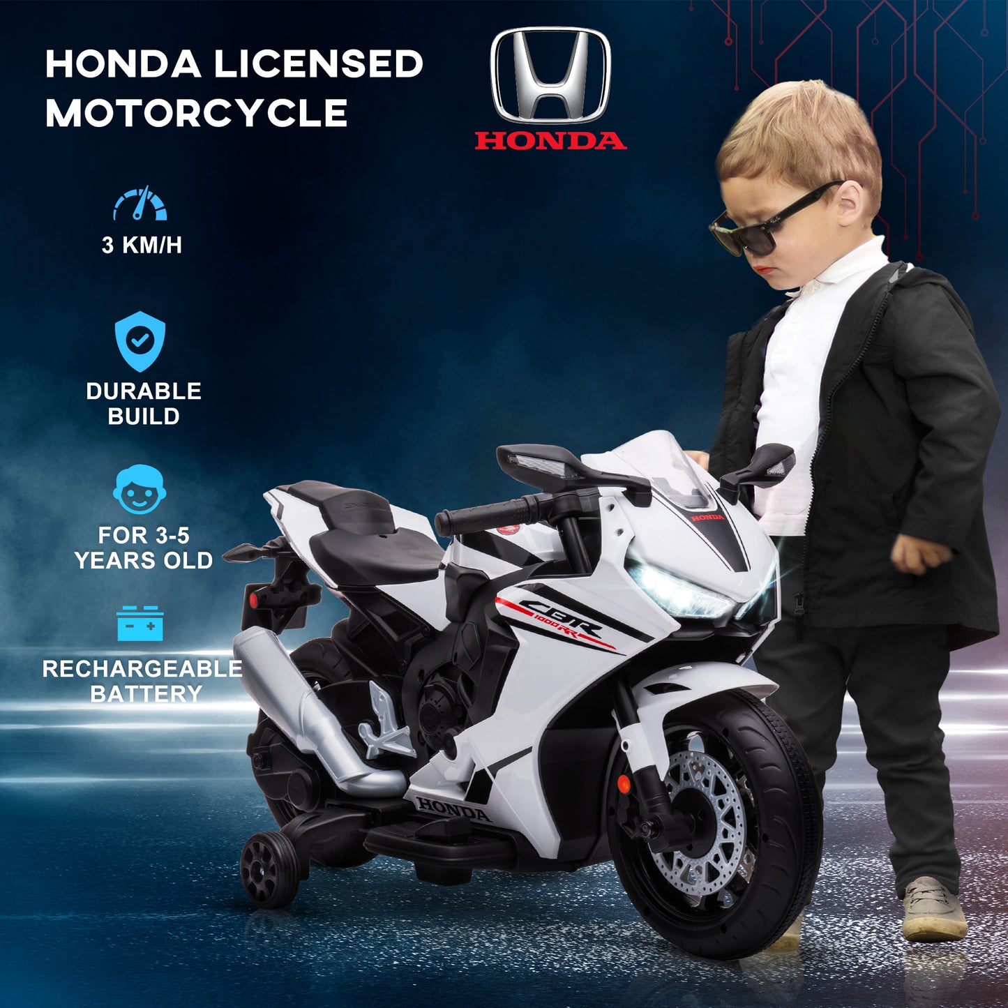 HOMCOM V Honda Licensed Kids Motorcycle w/ Music, Training Wheels - White