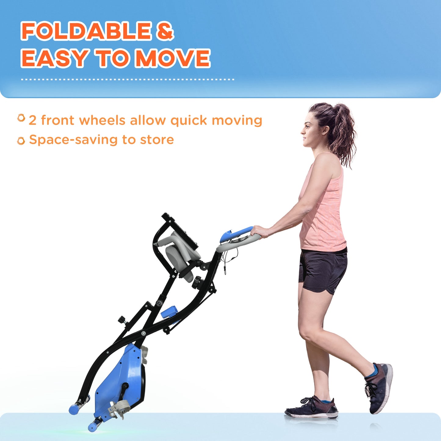 HOMCOM -in-1 Folding Exercise Bike with 8-Level Magnetic Resistance, Arm Resistance Band, Pulse Sensor, Blue