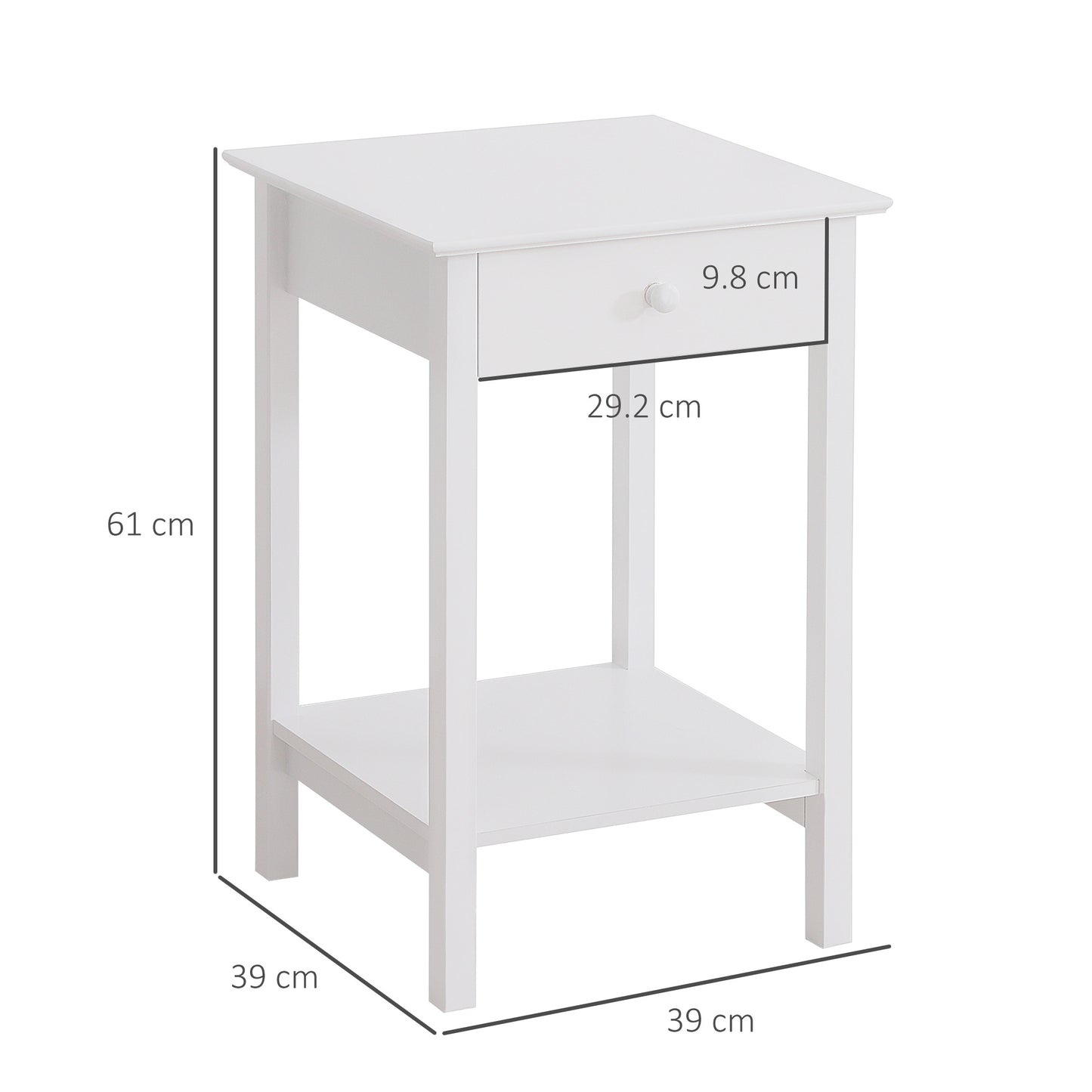 HOMCOM hite Bedside Table, Wooden Side Table, Nightstand, Bedside Cabinet with Drawer and Storage Shelf for Bedroom and Living Room