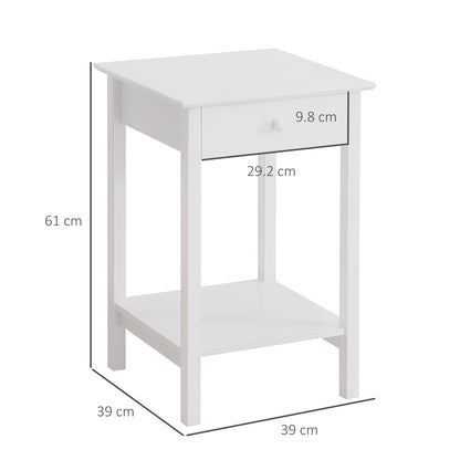 HOMCOM hite Bedside Table, Wooden Side Table, Nightstand, Bedside Cabinet with Drawer and Storage Shelf for Bedroom and Living Room