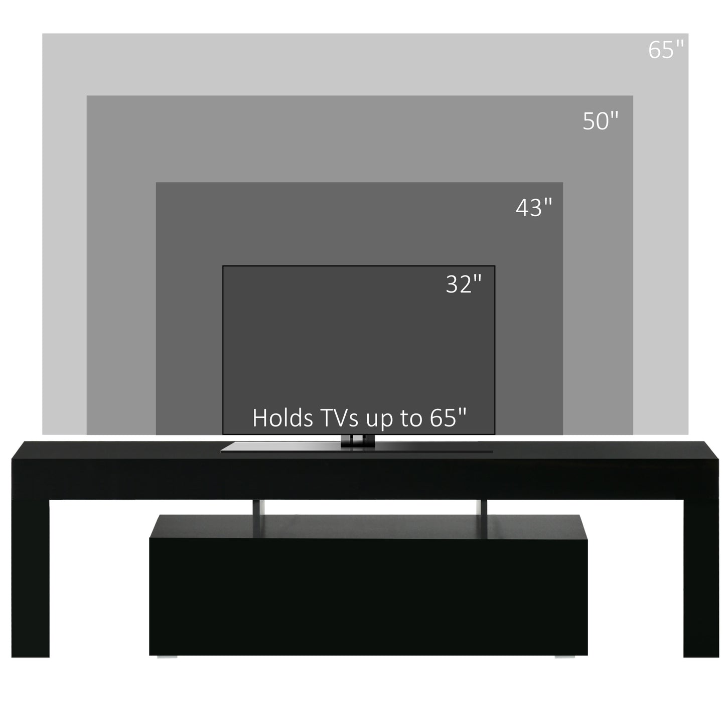 HOMCOM igh Gloss TV Stand Cabinet with LED RGB Lights and Remote Control for TVs up to 65", Media TV Console Table with Storage Compartment, Black