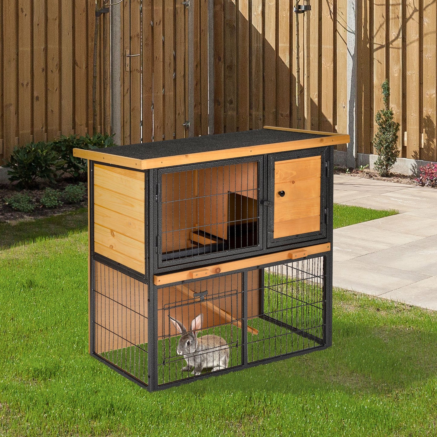 PawHut Guinea Pig Hutch Rabbit Hutch Wood-metal Elevated Pet House Bunny Cage with No-Leak Tray Ramp Openable Roof Outdoor 89.5 x 45 x 81cm Light Yellow